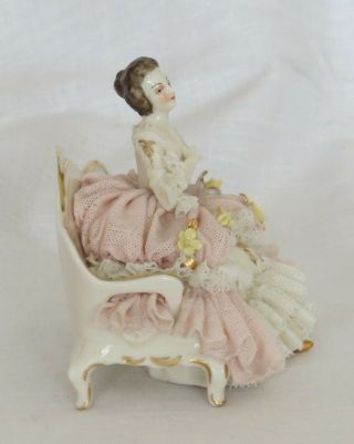 Vintage Antique Dresden Germany Lace Lady on Sofa Bench Figurine 3 