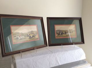 A Pair (2) Of Classic Race Horsing Colorful Vintage Prints Framed&double Matted