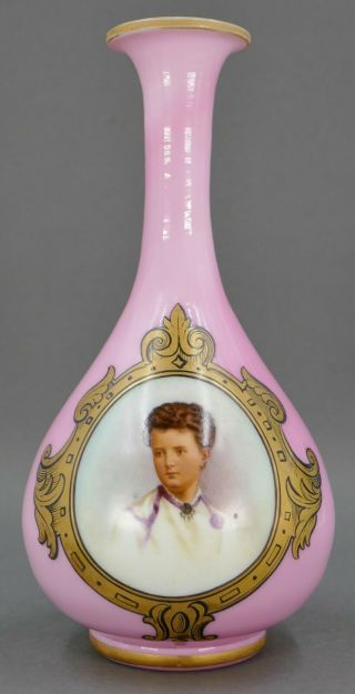 Fine Antique Moser Bohemian Art Glass Portrait Gold Gilt Pink Bottle Vase 2