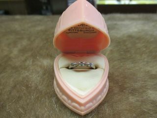 Antique 14k White Gold Diamond Wedding Ring In Pink Lucite Heart Ring Box Y7