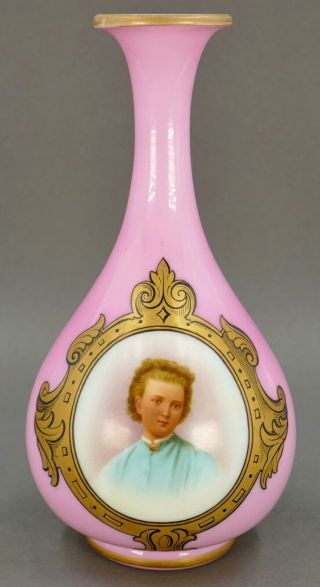 Fine Antique Moser Bohemian Art Glass Portrait Gold Gilt Pink Bottle Vase 1