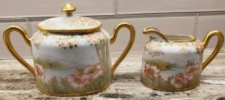 Antique Nippon Creamer & Sugar Bowl Hand Painted Water Scene,  Flowers