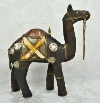 Vintage Bone Inlay Carved Wooden Figure Wood Statue Brass Tin Camel Inlaid