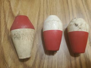 3 Vintage Red And White Wood Fishing Bobber Float