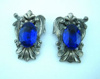 Antique Art Nouveau Facet Cut Blue Glass Stone Dress Clips