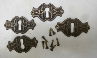 Set of 4 Antique Victorian Cast Brass Keyhole Escutcheons with Screws 2