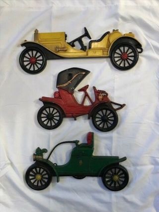 3 Antique Vintage Cast Iron Wall Hangings Cars Automobiles Model T Decorative