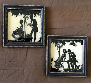 Vintage 1930 Reliance Reverse Silhouette Framed Pictures Courtship Trysting T - 2