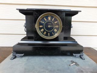Antique Eastlake Wood Mantle Clock Lion Heads Artist Embellished W Key
