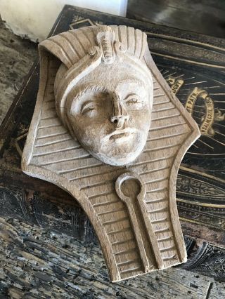 Antique Vintage Hand Carved Wooden Plaque Face Pharaoh Sphinx Gothic Egyptian