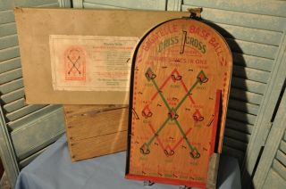 Antique Bagatelle Baseball Criss Cross Game Board Wooden Mortimer Glass Vintage