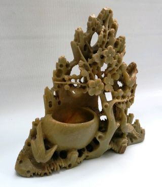 Vintage Hand Carved Chinese Soapstone Brush Pot/ Sculpture Birds on Tree 18.  5cm 2