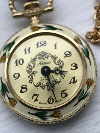 Vtg.  Arnex 17 Jewels Pocket Watch Mechanical Incabloc W/ Chain Swiss Made