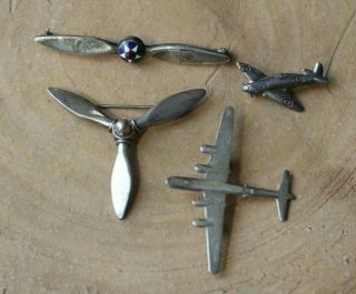 4 Antique Wwii Era Sterling Silver Military Aviation Pins & Badges