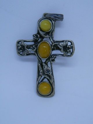 Antique Sterling Silver Butterscotch Amber Lilly Cross Pendant Hallmarked 7/28