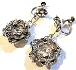 Antique Chinese Silver Qing Filigree Estate Mesh Peony Earrings 19thc Art Deco