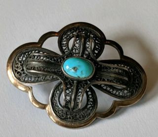 Antique Handwrought Sterling & Gold Turquoise Pin Brooch