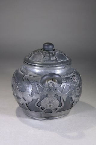 Chinese Yixing Pottery & Pewter Sugar Pot Dragons Chasing Pearls Wen Hua Shun 3