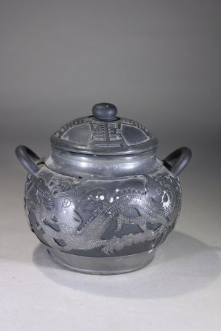 Chinese Yixing Pottery & Pewter Sugar Pot Dragons Chasing Pearls Wen Hua Shun 4