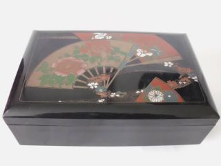 Vintage Japanese Lacquered Jewellery Music Box Painted With Geisha Fans On Lid