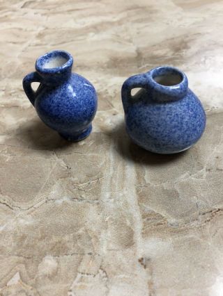 2 Vintage Minature Pitchers Ceramic Dollhouse Kitchenware Blue