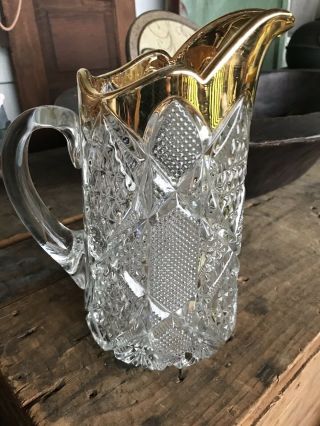 Antique American Brilliant Crystal Cut Glass Pitcher With Gold Accents