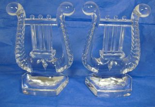 Vintage Fostoria Style Glass Crystal Greek Lyre Harp Shaped Bookends