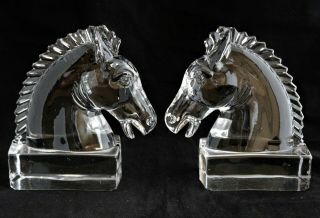 Antique A.  H.  Heisey & Co.  Glass Large Horse Heads Bookends 1938 7” 8lbs