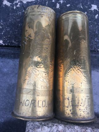 Antique Trench Art Shell Casing From Ww1 Royal Engineers Regiment X 2