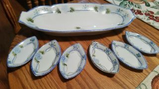 Antique Unsigned Hand Painted Celery Oblong Dish With Six Individual Salts