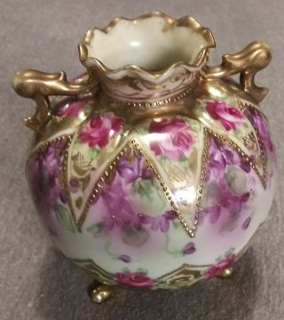 5 " Tall Antique Nippon Japanese Bud Vase Roses & Violets Porcelain Gold Zig Zag
