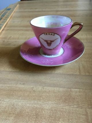 Vintage Victoria Ceramics Japan Pink Tea Cup Saucer Set Texas Long Horn Steer