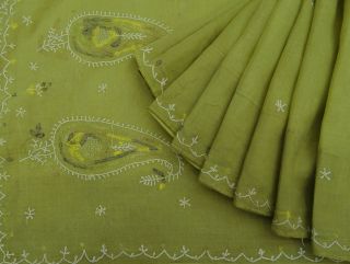Vintage Saree Indian Cotton Silk Embroide Fabric Ethnic Craft Sari 5yd