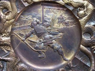 Antique MEIJI JAPANESE Bronzed & Gilt SPELTER PLATE Samurai & Dragon Serpents 3