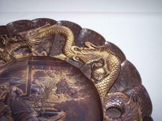Antique MEIJI JAPANESE Bronzed & Gilt SPELTER PLATE Samurai & Dragon Serpents 4