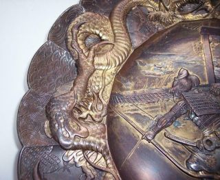 Antique MEIJI JAPANESE Bronzed & Gilt SPELTER PLATE Samurai & Dragon Serpents 5