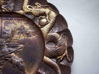 Antique MEIJI JAPANESE Bronzed & Gilt SPELTER PLATE Samurai & Dragon Serpents 6