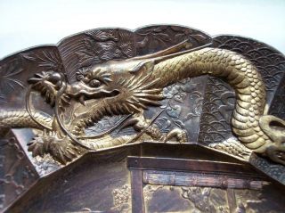 Antique MEIJI JAPANESE Bronzed & Gilt SPELTER PLATE Samurai & Dragon Serpents 7
