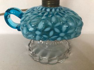 Fenton Art Glass Blue Opalescent Daisy Lamp With Handle and Clear Glass Base 2