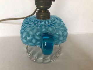 Fenton Art Glass Blue Opalescent Daisy Lamp With Handle and Clear Glass Base 4