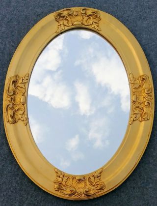 Antique Oval Wall Mirror - Hand Carved Hanging Gold Gilt Wood Frame
