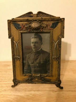 Rare Antique Wwi 1917 Military Iron Picture Frames Eagle Us Flag W/ Picture