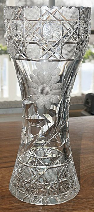 Antique American Brilliant Cut Glass Tall Heavy Corset Vase Daisy Meriden C.  1900