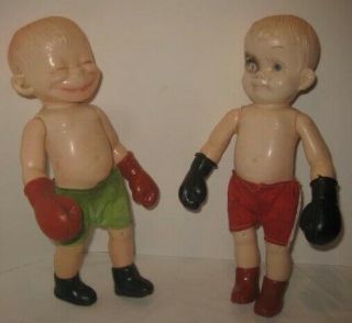 Old Unusual Pair Soft Plastic Boxing Boy Dolls - One Black Eyed Loser Hong Kong