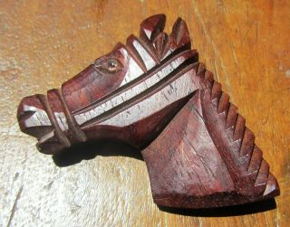 Antique Hand Carved Wooden Horse Head Brooch Pin Glass Eye Cool