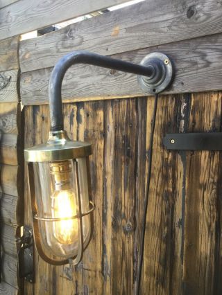 Brass Glass Caged Exterior Lamp,  Industrial Steam Punk Light Patina
