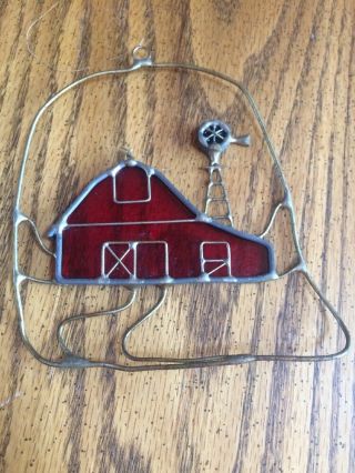 Antique Vintage Hand Made Craft Stained Glass Red Barn Suncatcher Blue Windmill