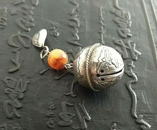 Antique Or Vintage Chinese Silver " Bell " Ornament,  Silver And Carnelian