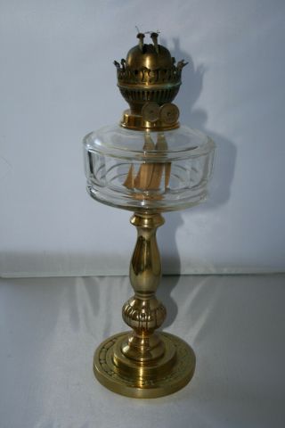 Large Vintage Brass Oil Lamp With Clear Faceted Glass Font