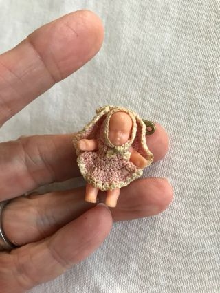 Vintage Miniature Baby Doll Pin With Crocheted Dress,  Bonnet And Panties,  Pink